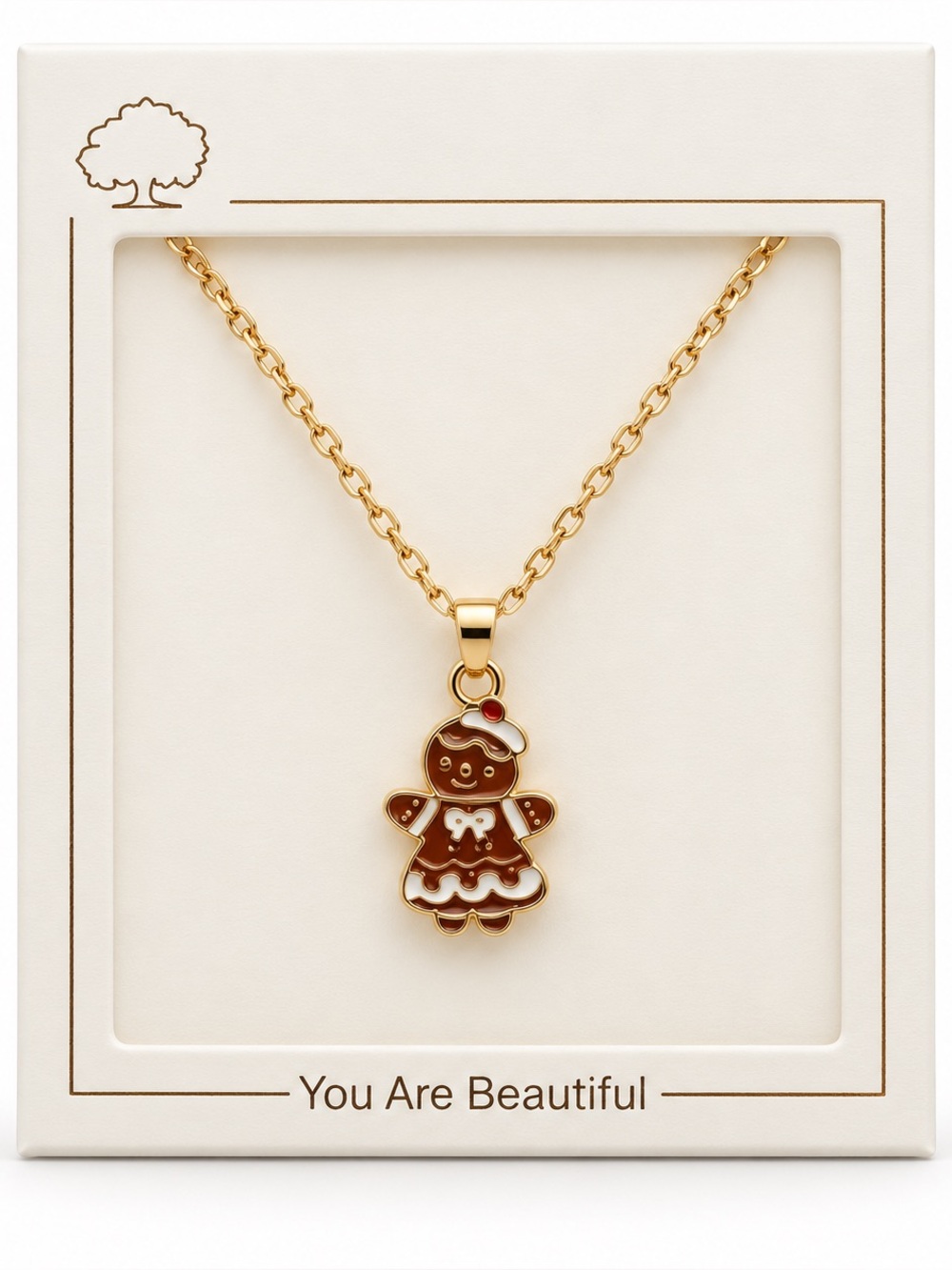 Gingerbread Lady White Bow Coquette Dress Enamel Christmas 1" Gold Necklace
